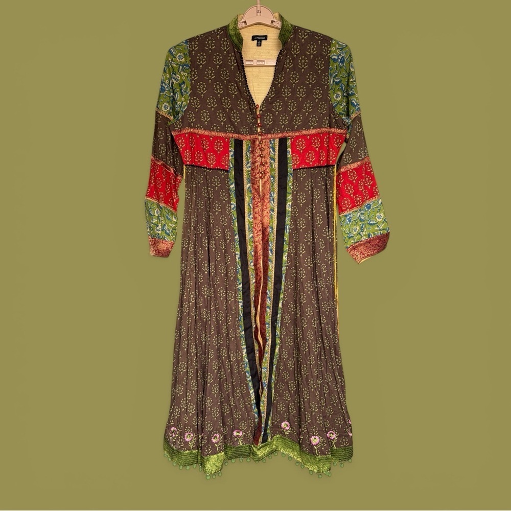 J. Peterman Boho Patchwork Caftan Maxi Dress Duster Size 12 Festival Jaisalmer - Picture 2 of 16